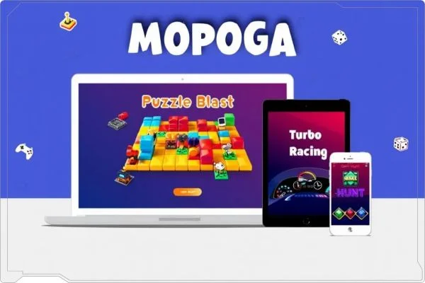 Colorful logo of "Mopoga," a fun game designed for both kids and adults, featuring playful graphics and engaging elements.