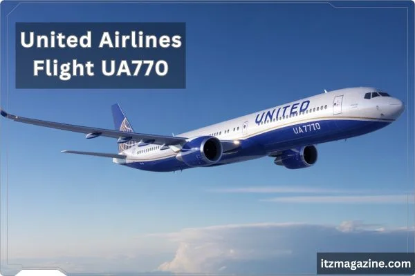 United Airlines flight UA7770 in the air, showcasing the aircraft's livery against a bright sky.