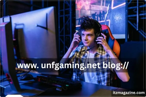 A man wearing headphones sits at a computer, focused on his screen, engaged in an www. unfgaming.net blog://.