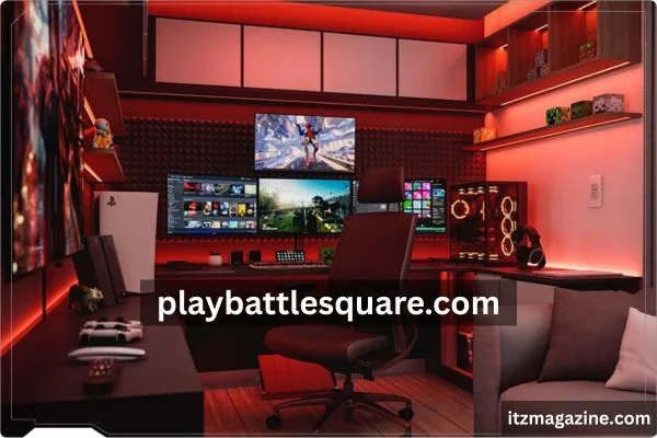 A gaming room illuminated by red lighting, featuring a sleek desk and gaming setup. Visit playbattlesquare.com for more.