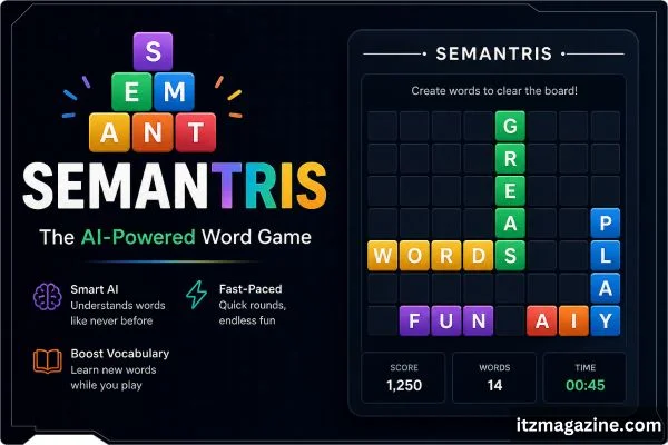 Semantris game screenshot showing vibrant blocks and word prompts, challenging players to connect words creatively.