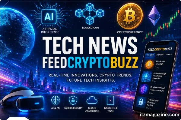 Tech news feed titled "tech news feedcryptobuzz" featuring the latest updates in cryptocurrency and blockchain technology.