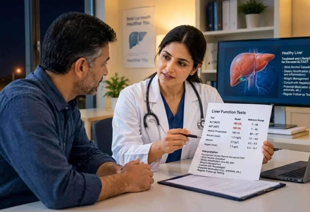 A female doctor with a stethoscope holds up a lab results paper while pointing with a pen and looking at a male patient sitting in front of her. In the background, a monitor shows an image of a healthy liver and text, and a poster showing a liver image hangs on the wall. A laptop sits on the desk to the right.