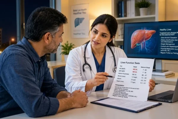 A female doctor with a stethoscope holds up a lab results paper while pointing with a pen and looking at a male patient sitting in front of her. In the background, a monitor shows an image of a healthy liver and text, and a poster showing a liver image hangs on the wall. A laptop sits on the desk to the right.