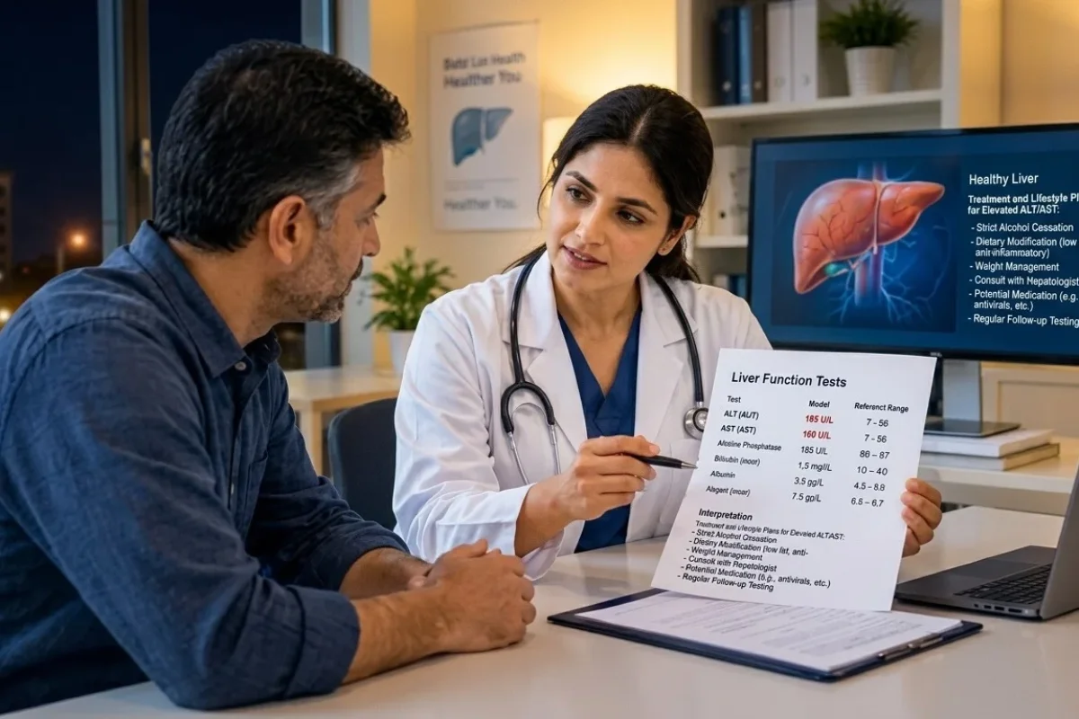 A female doctor with a stethoscope holds up a lab results paper while pointing with a pen and looking at a male patient sitting in front of her. In the background, a monitor shows an image of a healthy liver and text, and a poster showing a liver image hangs on the wall. A laptop sits on the desk to the right.