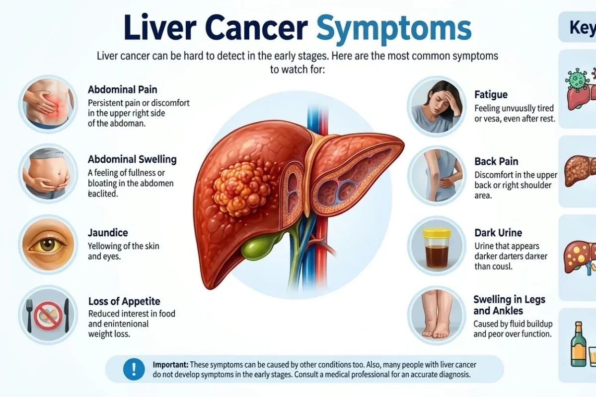 Early liver cancer often has no symptoms. Later signs can include weight loss, poor appetite, tiredness, pain in the upper right abdomen, a swollen belly, and yellow skin or eyes.