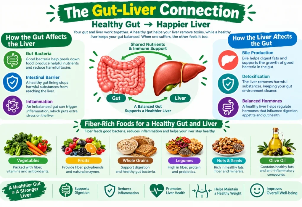 Infographic illustrating the connection between gut health and liver function, highlighting key interactions and benefits of Liver-friendly diets.