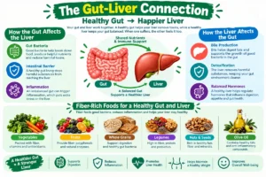 Infographic illustrating the connection between gut health and liver function, highlighting key interactions and benefits of Liver-friendly diets.