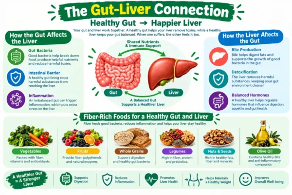 Infographic illustrating the connection between gut health and liver function, highlighting key interactions and benefits of Liver-friendly diets.