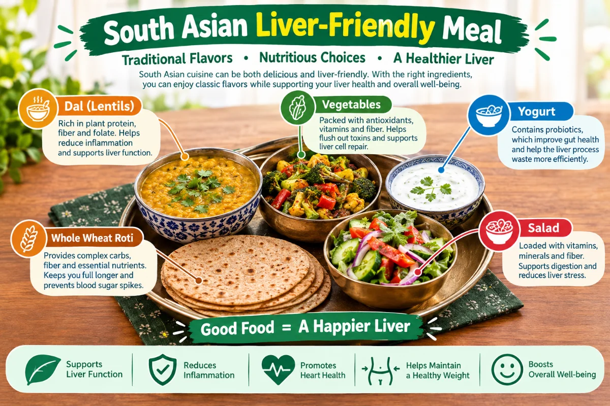 A vibrant South Asian dish showcasing liver-friendly ingredients like lentils, brown rice, and fresh vegetables arranged attractively.