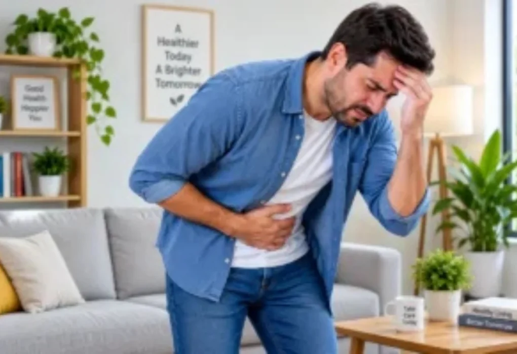 A man in a living room grimaces, clutching his stomach, highlighting concerns about gut health.