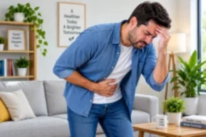 A man in a living room grimaces, clutching his stomach, highlighting concerns about gut health.