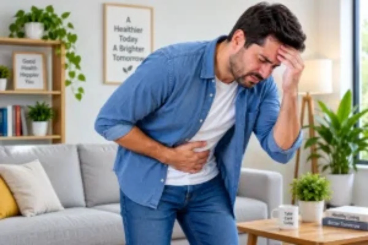 A man in a living room grimaces, clutching his stomach, highlighting concerns about gut health.
