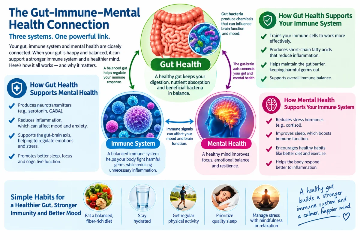 Infographic showing the relationship between gut microbiome, immune system, and mental health.