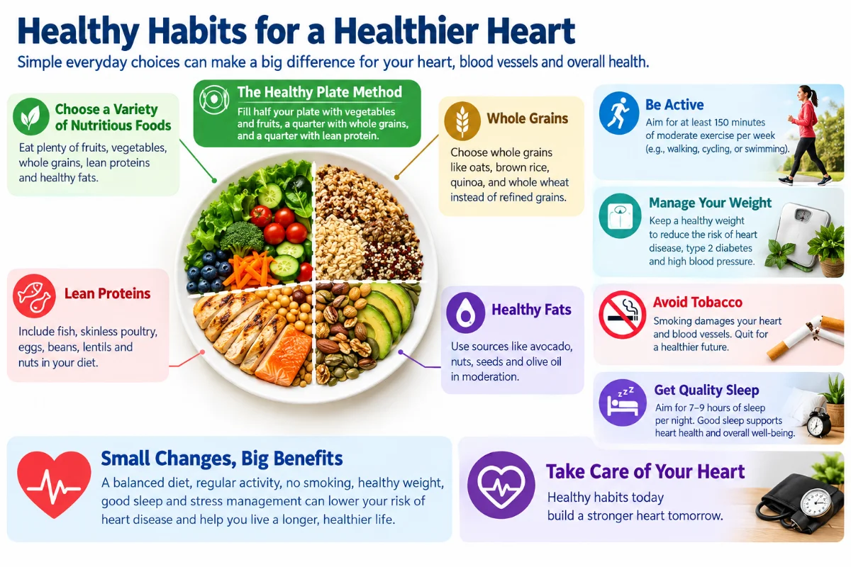 Visual guide on healthy habits for a healthier heart, featuring nutrition, physical activity, and lifestyle changes.