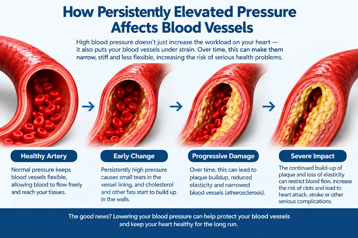 Visual representation of blood vessels under persistent elevated pressure, illustrating potential damage and health implications.