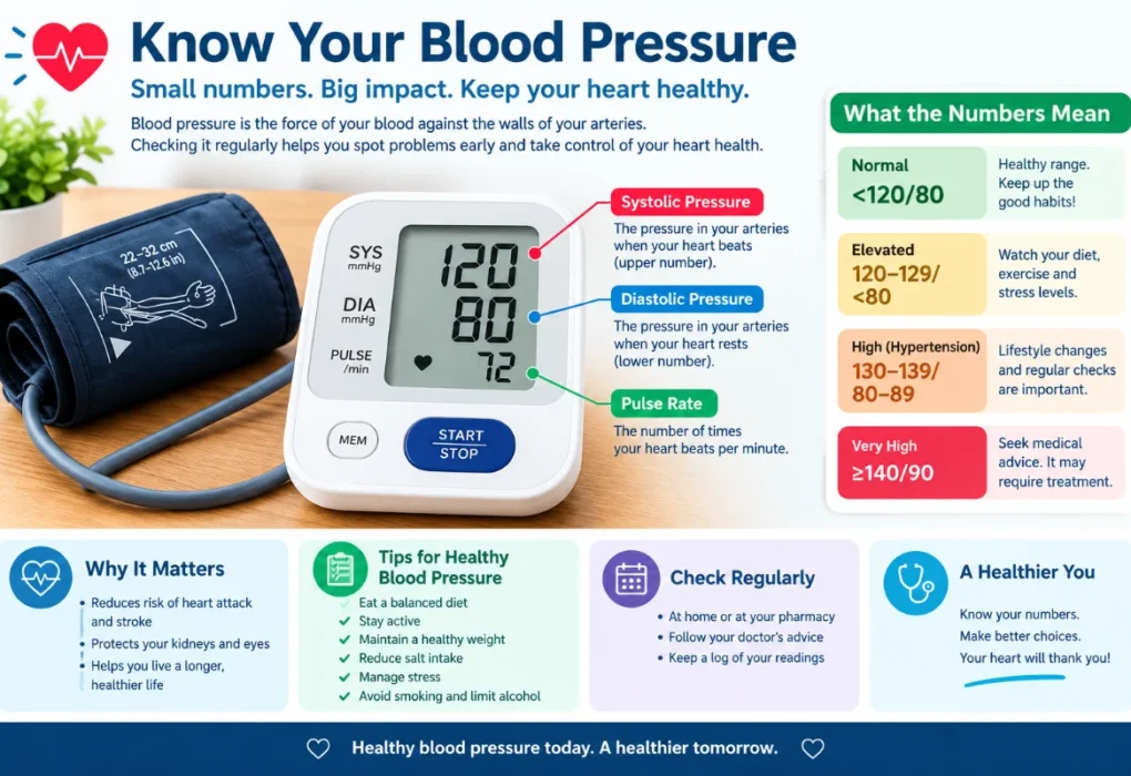 Infographic showing a high blood pressure monitor with labeled systolic, diastolic, and pulse readings, alongside blood pressure ranges and tips for maintaining healthy blood pressure.