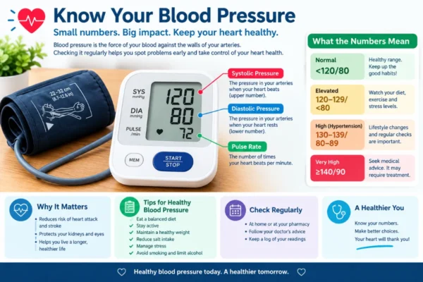 Infographic showing a high blood pressure monitor with labeled systolic, diastolic, and pulse readings, alongside blood pressure ranges and tips for maintaining healthy blood pressure.