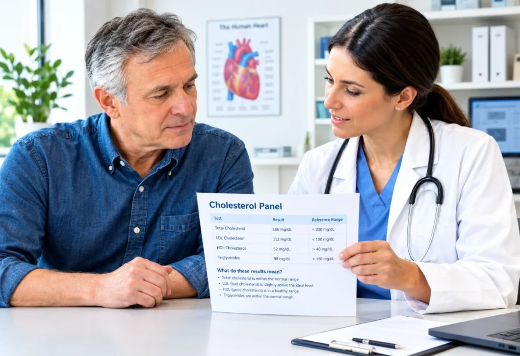 A doctor and patient review a medical report on cholesterol levels during a consultation.