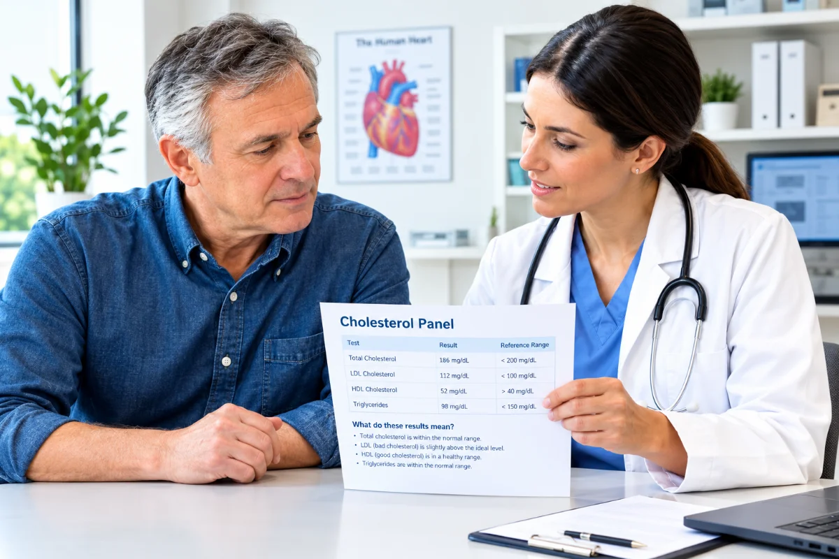 A doctor and patient review a medical report on cholesterol levels during a consultation.