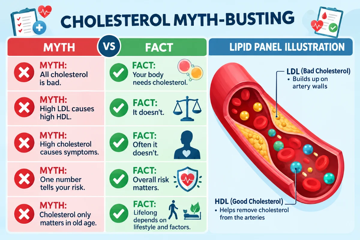 Informative infographic clarifying misconceptions about cholesterol, highlighting key facts for better understanding.