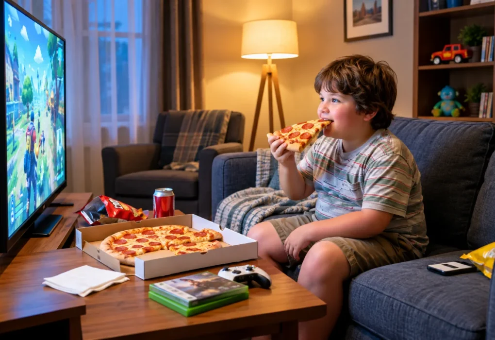 A young boy eats pizza and plays video games, illustrating the connection to childhood obesity and sedentary lifestyles.