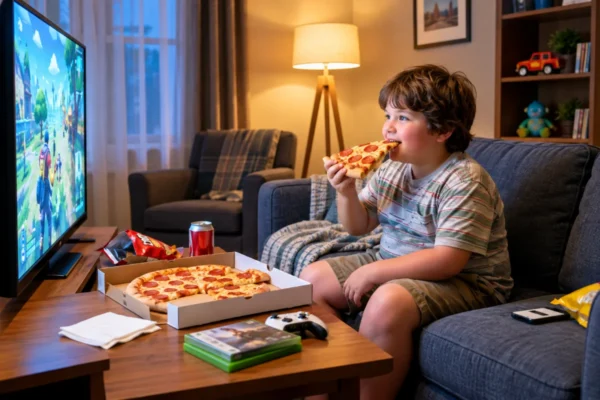 A young boy eats pizza and plays video games, illustrating the connection to childhood obesity and sedentary lifestyles.