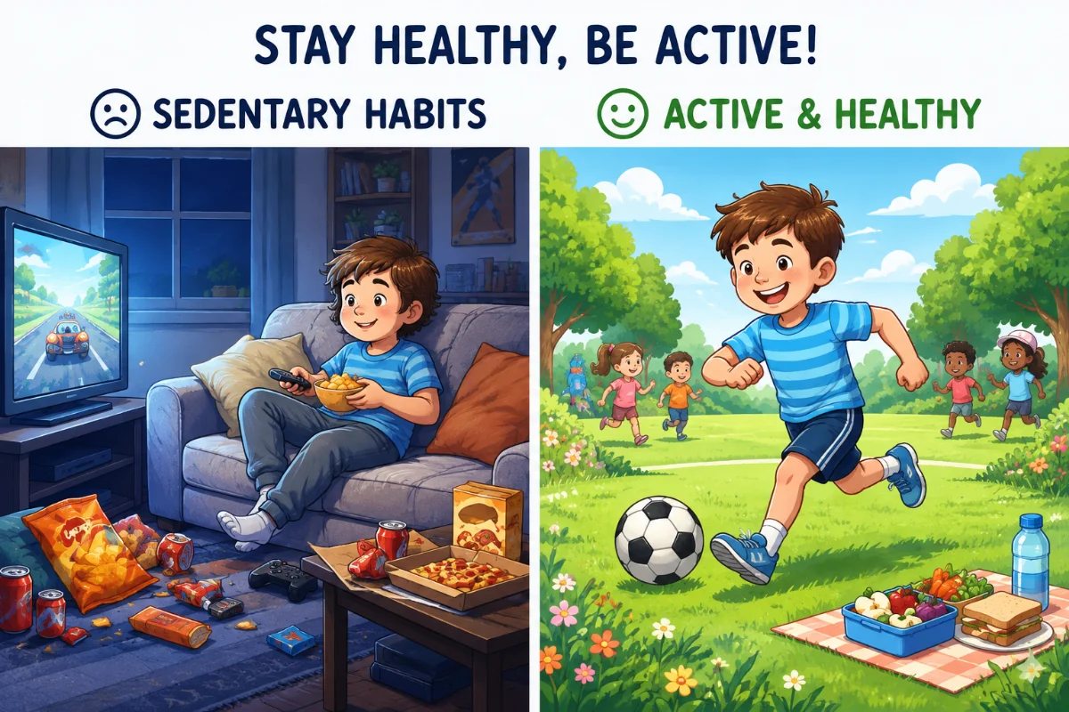 A boy plays soccer energetically, while a girl enjoys playing with a ball, promoting active lifestyles against childhood obesity.