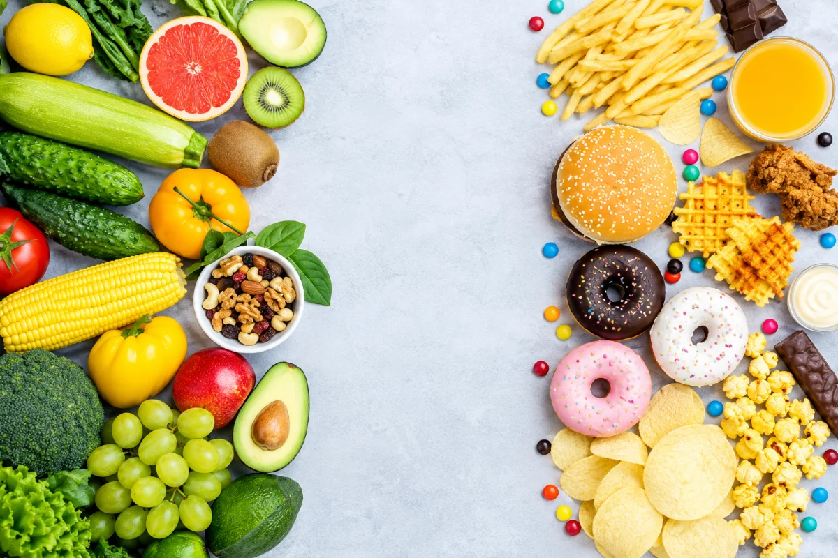 A colorful arrangement of various fruits and vegetables in a circle, promoting healthy eating to combat childhood obesity.