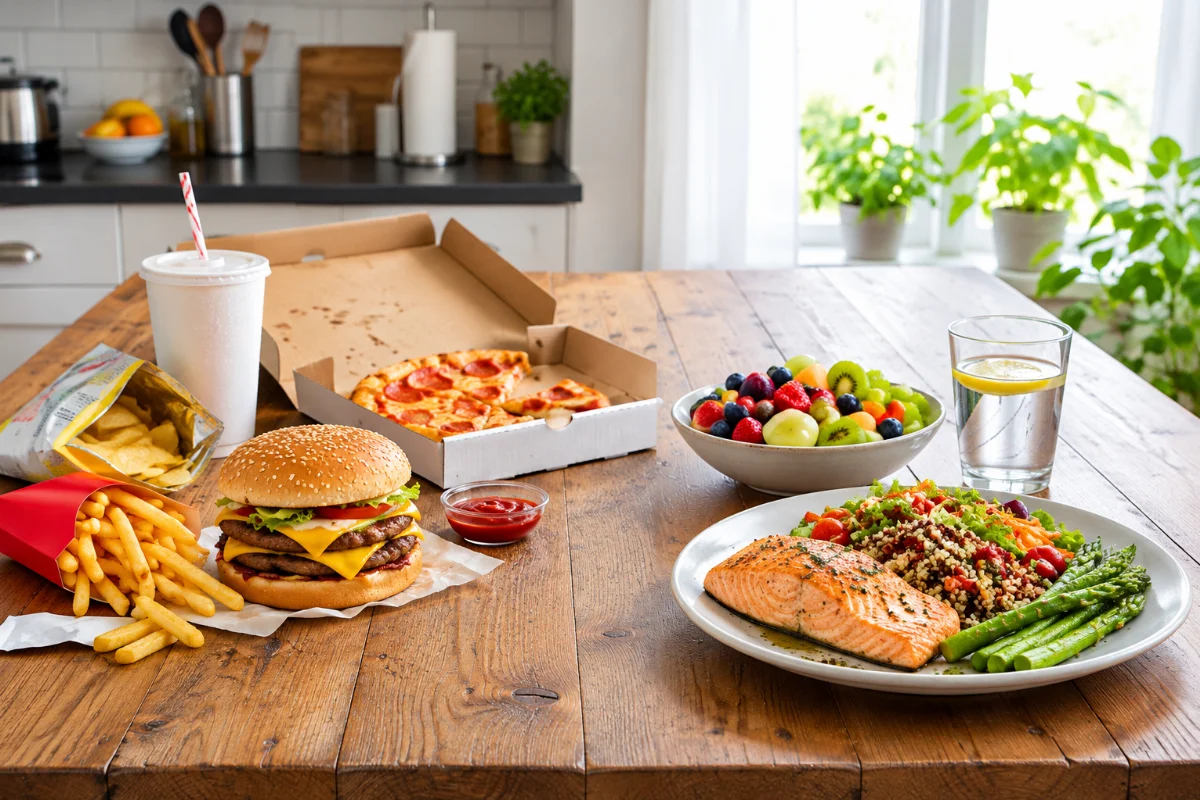 A table displays a pizza, salad, and burger, highlighting choices in childhood obesity and healthy eating habits.