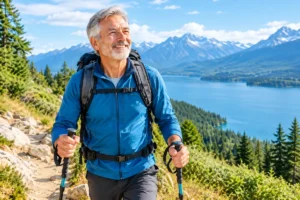 Active senior man with trekking poles and a backpack hiking in the mountains, exemplifying healthy aging and vitality.