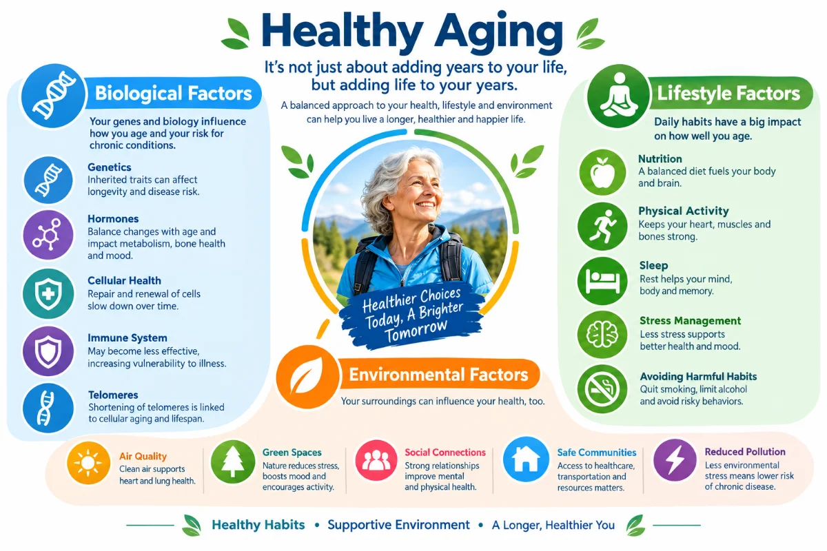 Visual guide on healthy aging benefits, showcasing tips for maintaining physical, mental, and social health as we age.