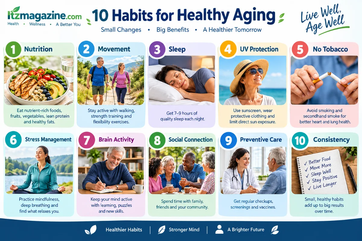 Infographic illustrating 10 habits for healthy aging, including exercise, nutrition, and social engagement tips.