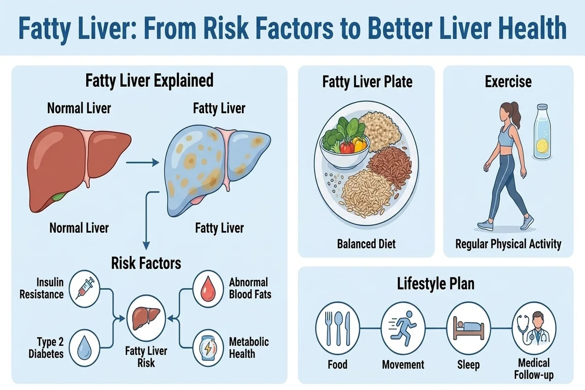 Fatty liver health infographic showing risk factors, balanced diet, regular exercise, and lifestyle steps for better liver health.