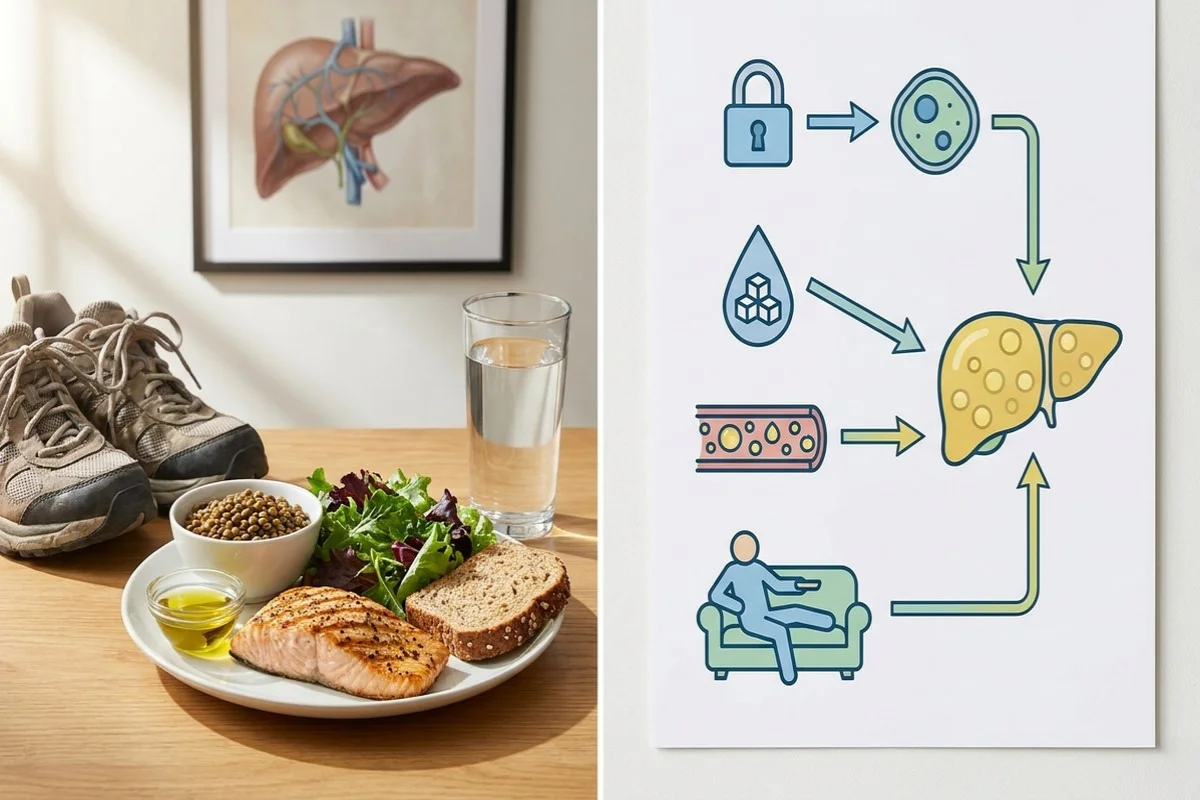 Healthy lifestyle and liver health infographic featuring nutritious food, exercise, hydration, and liver health illustrations.